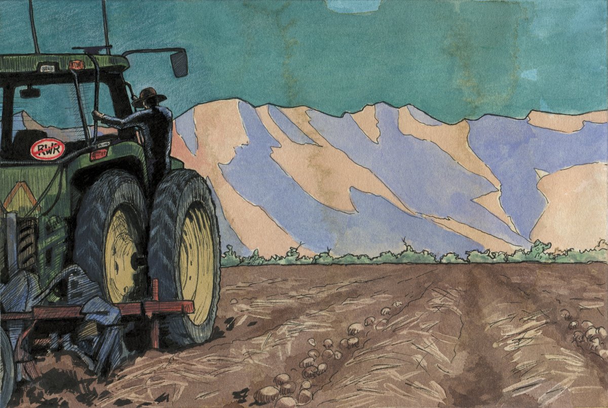 illustration of a farmer with a no-RWR sticker on their tractor, in the San Luis valley of Colorado. Illustration by Sarah Gilman.