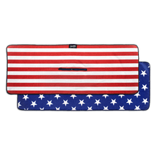red and white stripe front panel, blue with white star back panel golf towel by Sunday Golf